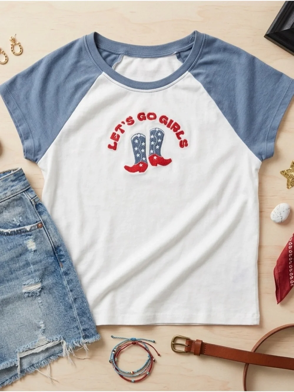 Messy Bun "Let's Go Girls" Raglan Tee Medium White Dusty Blue Cotton Graphic - Picture 1 of 5